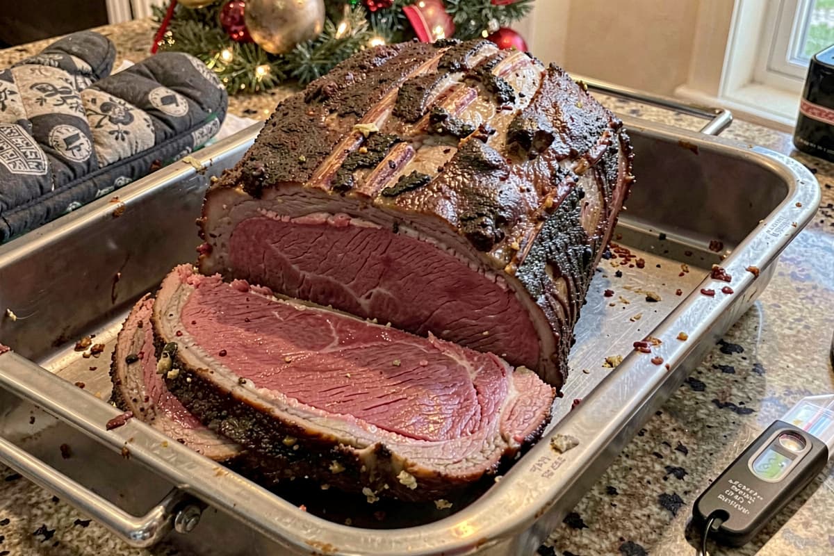 Sliced bone-in prime rib roast on a wooden carving board, edge-to-edge rosy medium-rare interior, deep brown crust