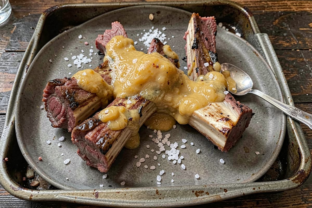 Roasted canoe-cut beef marrow bones on a sheet pan, golden bubbling marrow on top, scattered coarse salt, small spoon resting on the bone, dark wooden background