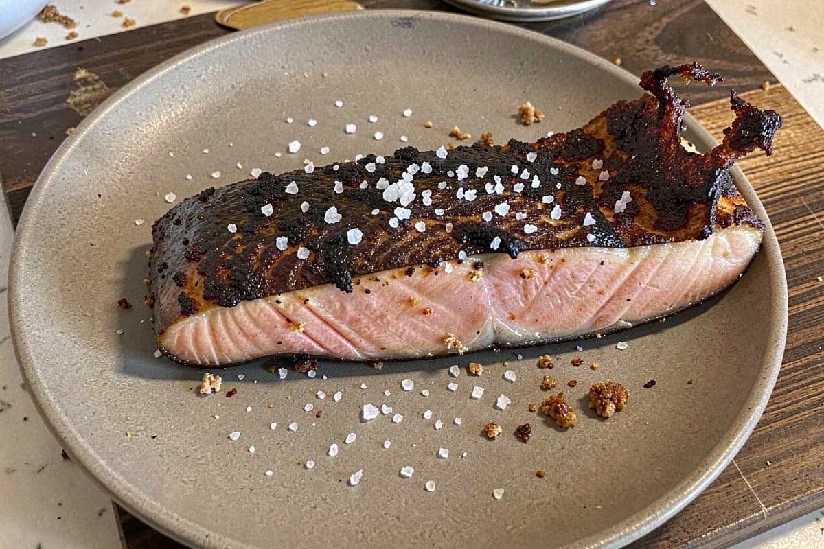 Pan-fried salmon fillet skin-side up on a plate, deep mahogany crispy skin, pink medium-rare interior visible at the side, scattered salt, crispy skin shattering at one corner