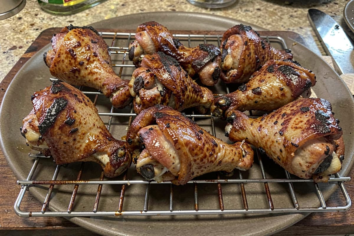 Eight smoked chicken drumsticks on a wire rack with deep amber crispy skin, glistening with rendered fat, tight against the bone