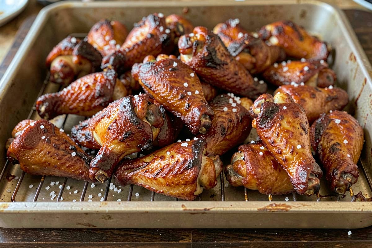 Pile of smoked chicken wings on a wire rack with deep amber crispy skin, glistening with rendered fat, scattered salt flakes around them