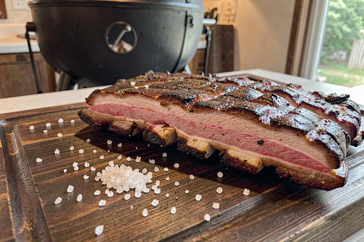 St. Louis-cut spare ribs sliced between bones on a wooden board, deep mahogany bark, juicy meat showing the smoke ring, scattered salt