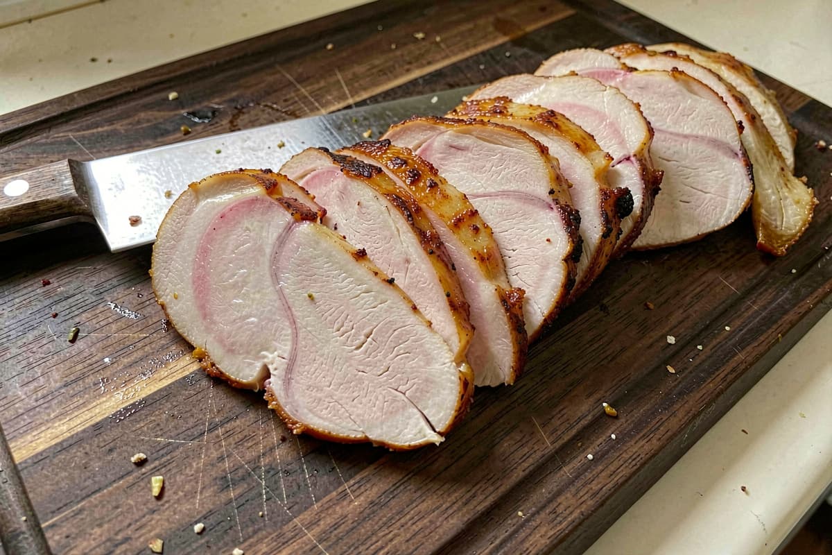 Sliced smoked turkey breast on a wooden board, golden crispy skin, white meat interior with light pink smoke ring, slices fanned out