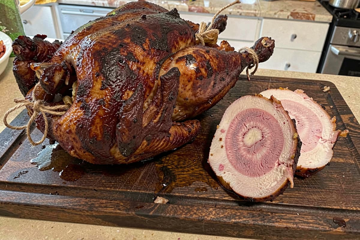 Whole smoked turkey on a wooden carving board with mahogany-brown skin, juices pooling, butcher twine still tied at the legs, slice removed showing pink smoke ring