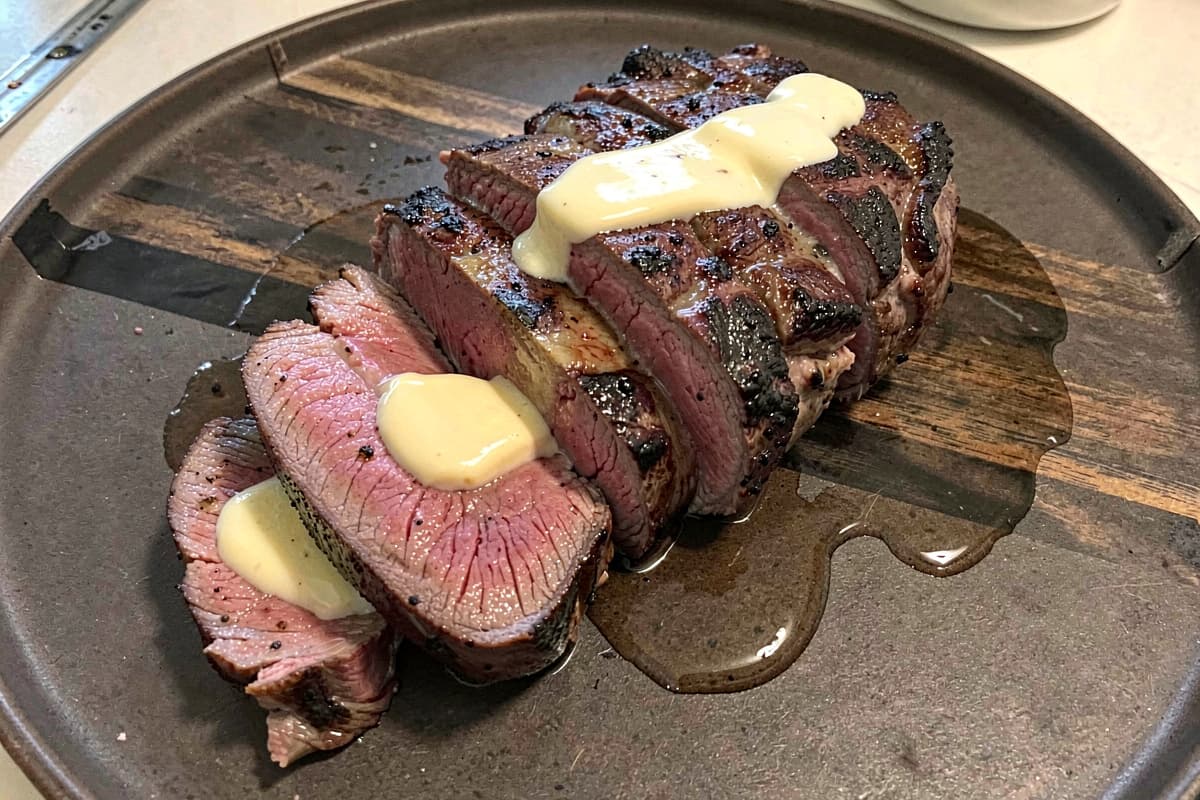 Sliced sous vide filet mignon on a wooden board, dark seared crust, completely uniform medium-rare interior edge to edge, butter pooling around the steak