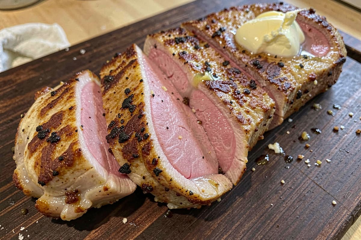 Sliced sous vide pork tenderloin on a wooden cutting board, deep golden crust, edge-to-edge slight pink interior, half-inch medallions fanned out, butter glistening
