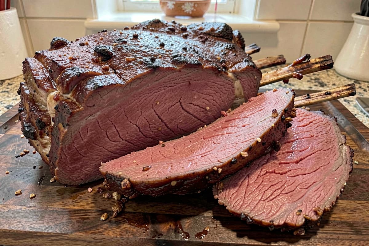 Standing rib roast carved on a wooden board, deep brown reverse-seared crust, rosy medium-rare interior edge to edge, three rib bones still attached, slabs sliced across the grain