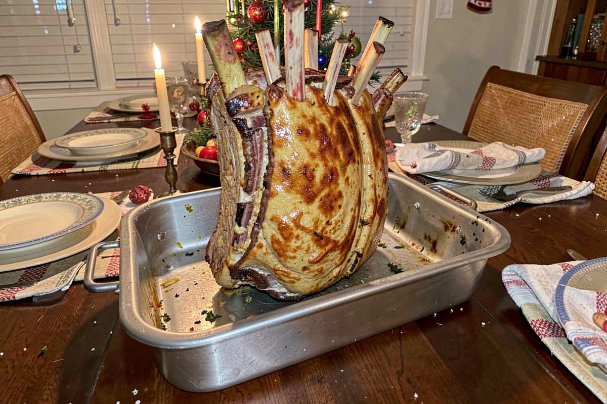 Bone-in standing rib roast standing on its bones on a wooden carving board, deep brown crust, rosy medium-rare interior visible