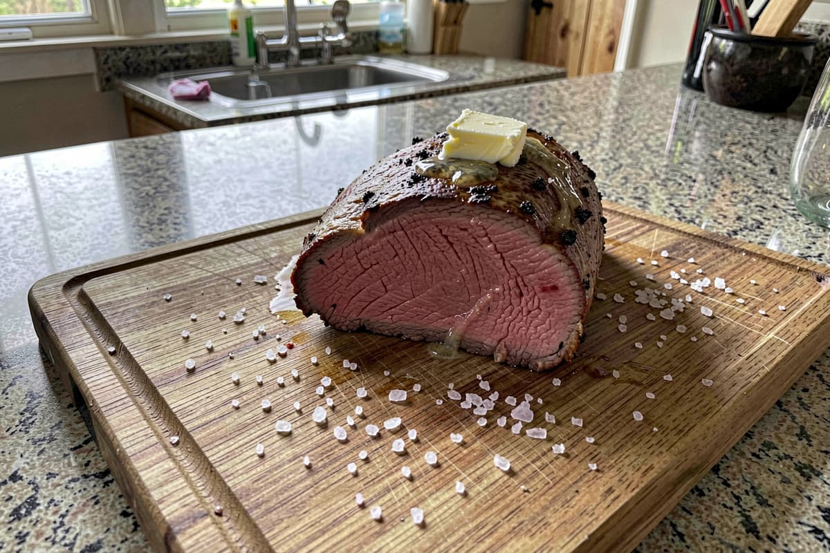 Sliced teres major steak on a wooden cutting board with rosy medium-rare interior, butter pat melting on top, coarse salt scattered