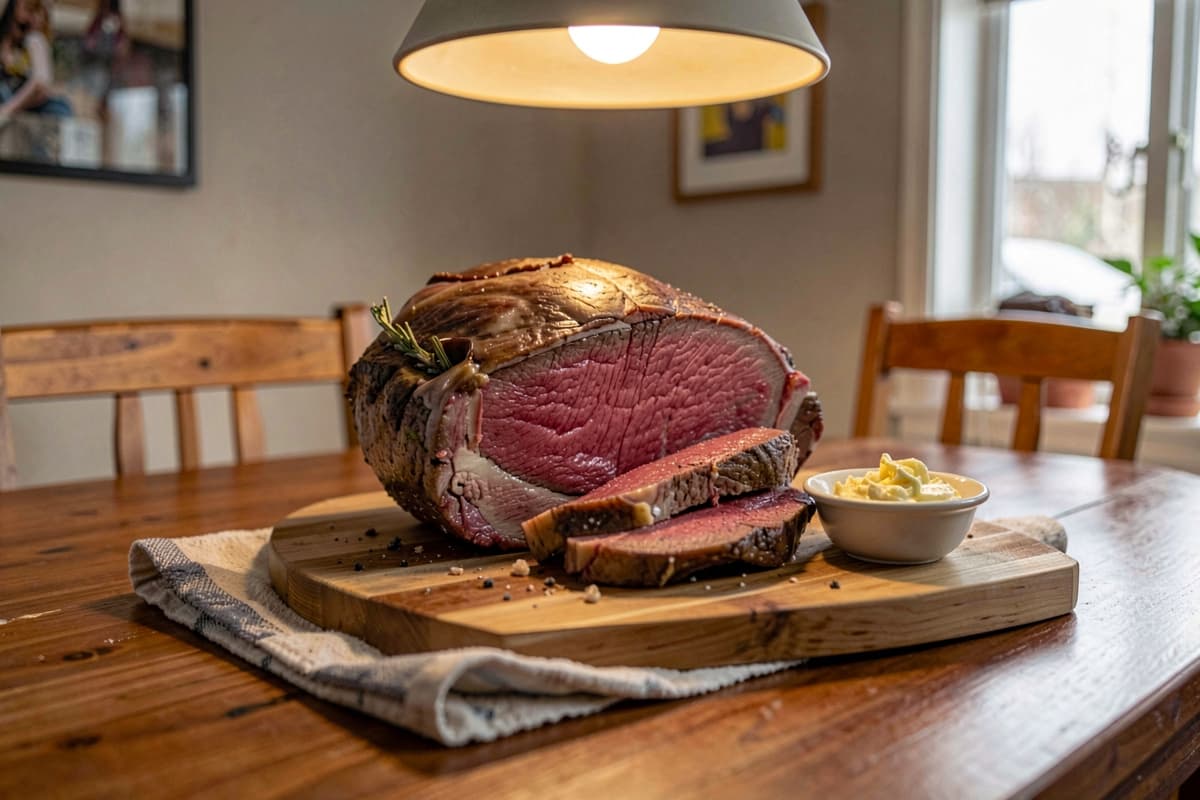 Sliced top round roast on a wooden carving board, deep pink medium-rare interior, butter pat melting on top