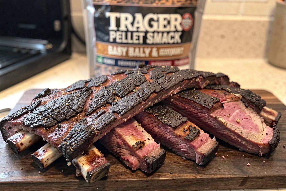 Rack of Traeger-smoked baby back ribs sliced on a wooden cutting board, dark mahogany bark from salt-only seasoning, juicy pink-edged meat between bones