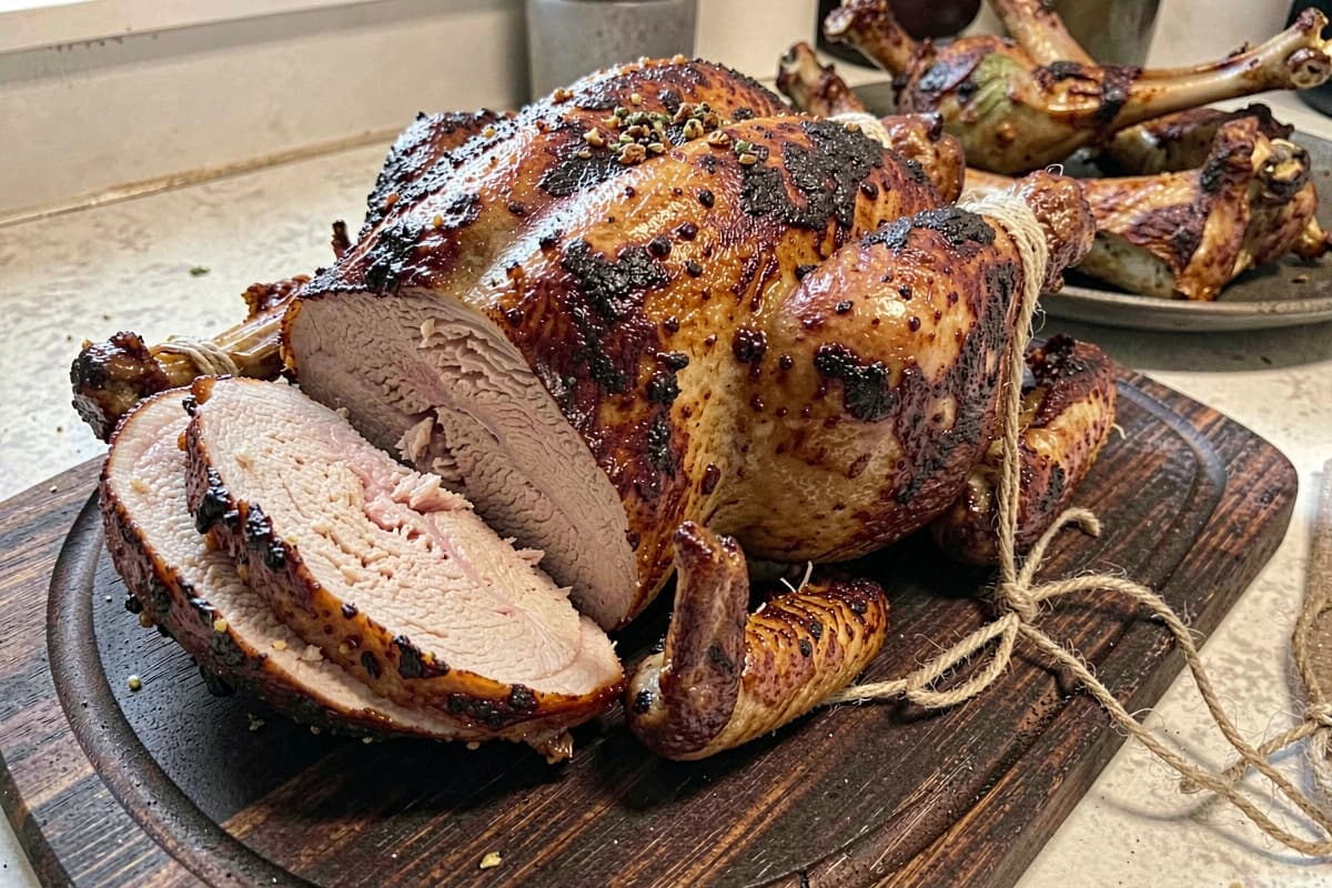 Whole roast chicken on a wooden carving board, mahogany-brown crispy skin, juicy meat visible at a sliced breast, butcher twine still tied at the legs, roasted bones for broth in the background