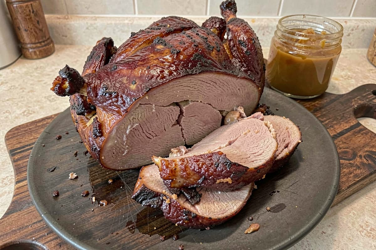 Whole roast duck on a wooden carving board, deep mahogany crispy skin, juicy meat visible at a sliced breast, glass jar of rendered duck fat in the background