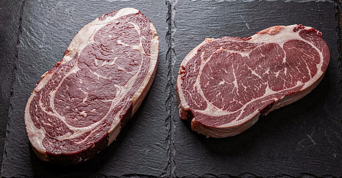 Raw ribeye steak next to sirloin steak on dark slate for side-by-side comparison