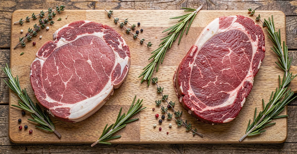 Raw veal cutlet next to beef steak on a wooden cutting board